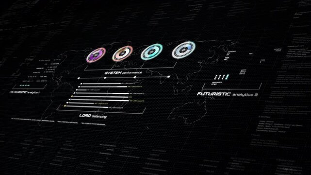 High-quality 4K futuristic digital dashboard showing global data visualization, system performance, AI-driven analysis, and cyber security interface. Perfect for technology, IT, and business projects.