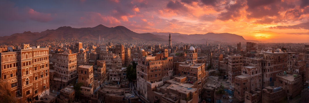 The ancient city of Sana'a, with its intricate brick buildings, in Yemen. Background illustration of a city in Yemen.