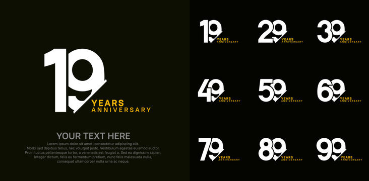 Anniversary logo set vector design, white and yellow color for celebration event
