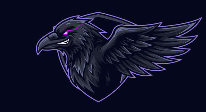 A fierce black raven mascot logo with glowing purple eyes and a sharp beak, designed in an aggressive esports style.