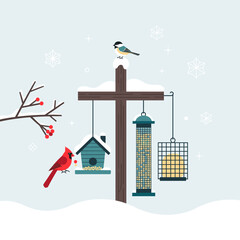 Flat Design Winter Birds and Feeder Station Illustration © Slon