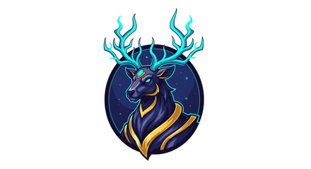 Obraz premium Stylized dark blue deer head with glowing cyan antlers and eyes, featuring golden stripes, set against a starry night sky background in a circular emblem.