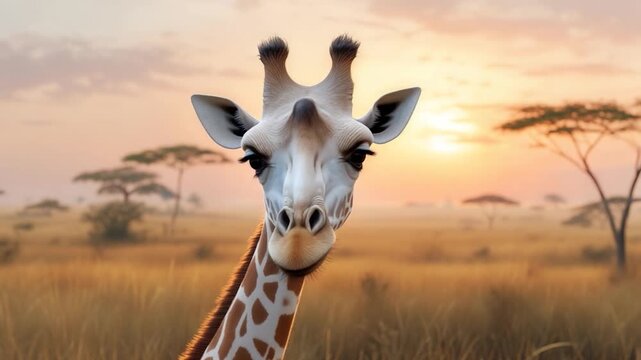 A majestic giraffe gazes towards the viewer against a vibrant sunset over the African savanna