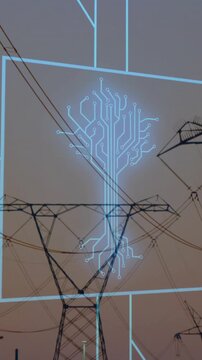 Vertical video: Node appearing neon circuit-tree overlay growing threading pylon showing grid