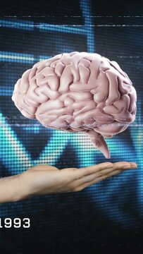 Vertical video: 3D brain appearing on DNA grid, hand entering, hovering over palm, showing DNA link