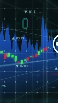 Vertical video: Time tick starting financial chart moving bars rising icons cycling showing trend