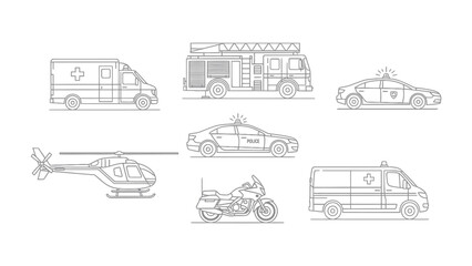 Naklejka premium Emergency Vehicle Illustration: A comprehensive lineup of essential emergency vehicles. Each vehicle, meticulously detailed, represents a vital part of emergency services.