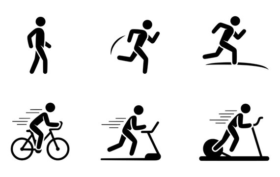 Cardio exercise icon set, 6 fitness vector silhouettes, walking running cycling and gym workout equipment