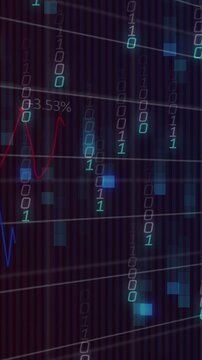 Vertical video: Scanlines starting binary cyan digits, data stream streaming, graphs showing trends