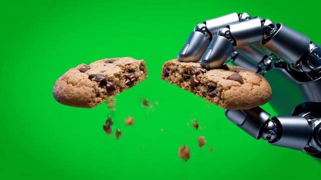 A futuristic robot arm precisely breaks a warm chocolate chip cookie in half, revealing its soft interior.