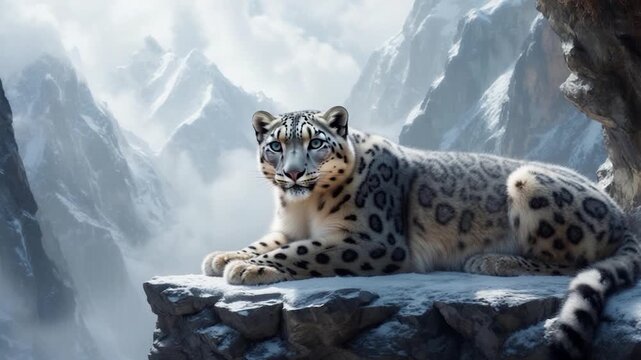A snow leopard rests on a snowy ledge, overlooking a mountain range. The cat has blue eyes