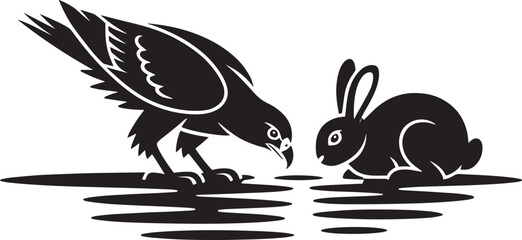 Eagle and rabbit encounter silhouette vector illustration on reflective water surface background © Zakir Ali