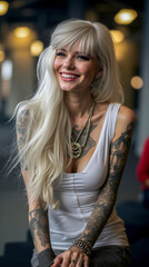 Fototapeta premium A woman with long blonde hair and tattoos sitting on a chair