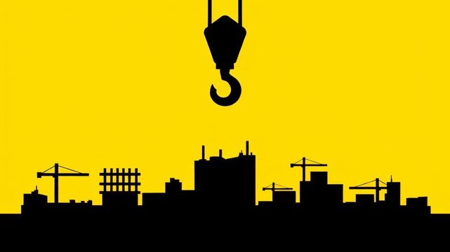 A graphic animation of a city skyline silhouette with construction cranes. A large hook moves up and down on a vibrant yellow background, depicting ongoing urban development and industrial activity.