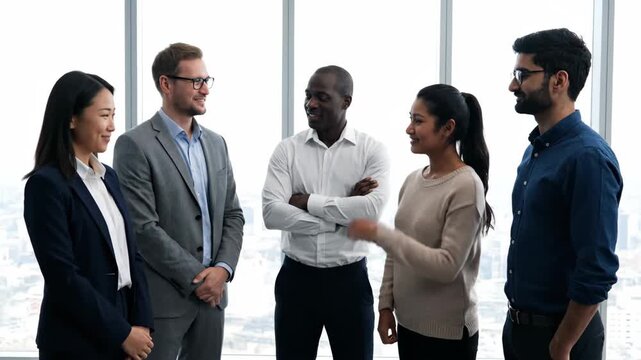 A group of multi-ethnic business professionals engaged in a productive discussion in a contemporary office.