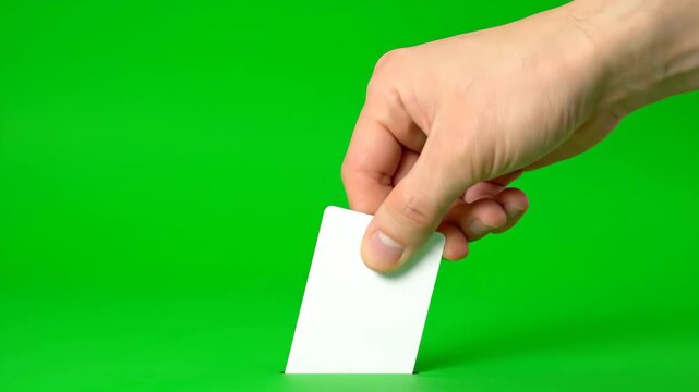 A hand inserts and removes a blank white card into a slot on a green screen, ideal for customizable graphics.