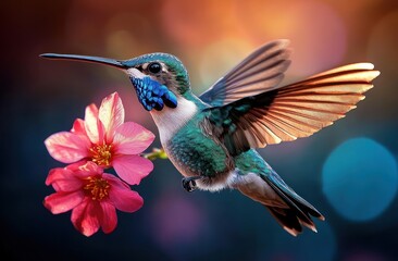 Fototapeta premium Iridescent green and blue hummingbird hovering beside pink flowers with outstretched wings and warm glowing bokeh, a serene delicate moment of flight and pollination
