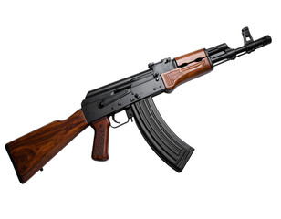 Ak-style equipment with wooden stock and metal receiver in side view