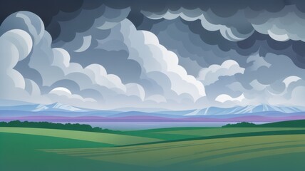 Fototapeta premium Dramatic landscape with storm clouds over green fields and distant mountains
