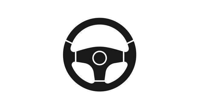 Minimalist flat vector illustration of a steering wheel icon, front view, solid black silhouette.
