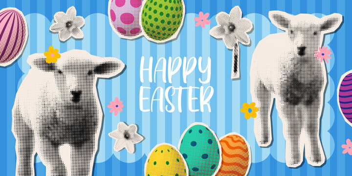 Happy Easter banner template with cute lambs, flowers and eggs. Trendy collage with torn paper and halftone dotted texture.