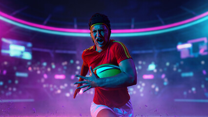 Naklejka premium Female rugby player shouting while running with ball in neon arena. Concept of passion, aggressive play, professional women sport promotion and high impact competition energy.