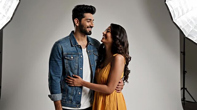 happy indian couple posing in photo studio with lighting equipment. man in denim jacket hugging woman in yellow dress. professional photoshoot backstage. love and romance concept.