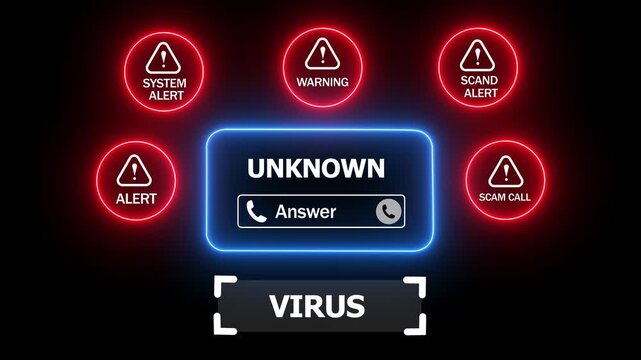 Cyber Security Warning Screen with Virus Alert and Unknown Caller Information on a black background 4k animation video