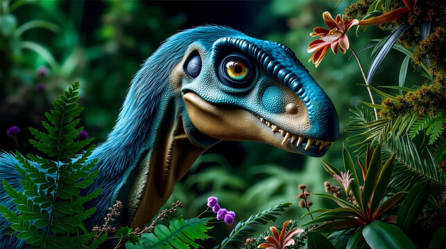A close up of a dinosaur in a lush green forest