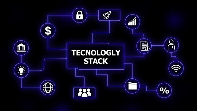 Technology Stack Flowchart with Icons and Neon Blue Connections diagram business on a black background 4k animation video