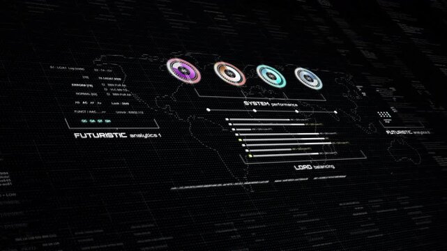 High-quality 4K futuristic digital dashboard showing global data visualization, system performance, AI-driven analysis, and cyber security interface. Perfect for technology, IT, and business projects.