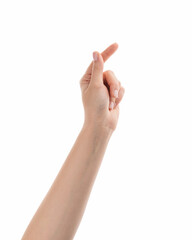 Young woman hand to hold business card or something thin isolated on white background