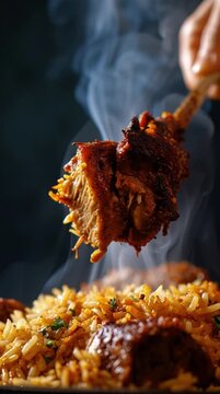 Professional Plating of Hot Meat Biryani with Basmati Rice and Large Chunks of Seasoned Beef Showing Rising Smoke and Authentic Spices for Restaurant Menu