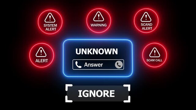 Incoming unknown call with scam alerts and ignore option incoming call system hacked on a black background 4k animation video