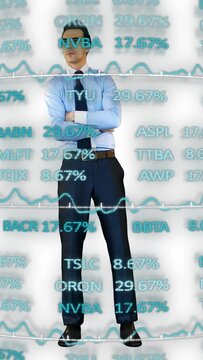 Vertical video: Man arms crossed while market feed driving tickers across torso, showing trends