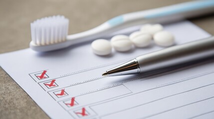 Dental Extraction Aftercare Checklist on Neutral Desk With Toothbrush and Medication for Patient Use
