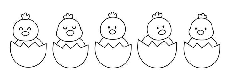 Fototapeta premium Cute farm chicks sitting inside broken eggshells outline and Templates set. Spring Easter chick coloring pages for kids. White background. SVG.