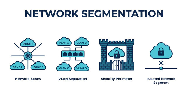 Network Segmentation icon set  Infographic showing Network Zones, VLAN Separation, Security Perimeter and Isolated Network Segment