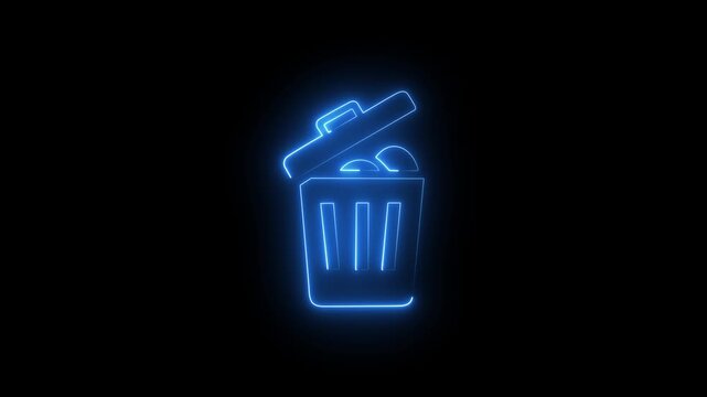 Glowing neon blue color trash bin icon animation on black background. 4k video