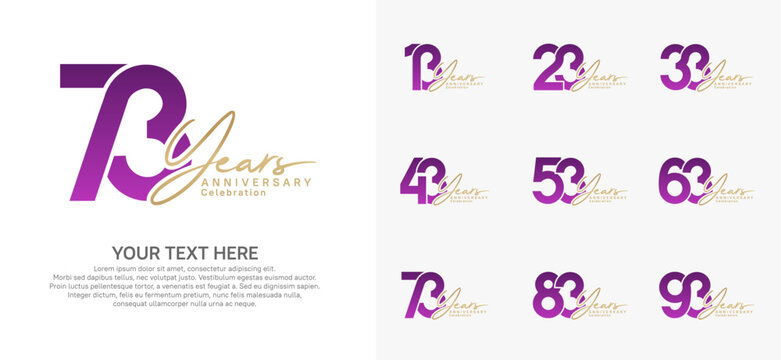 Anniversary logo set vector design, purple and gold for celebration event