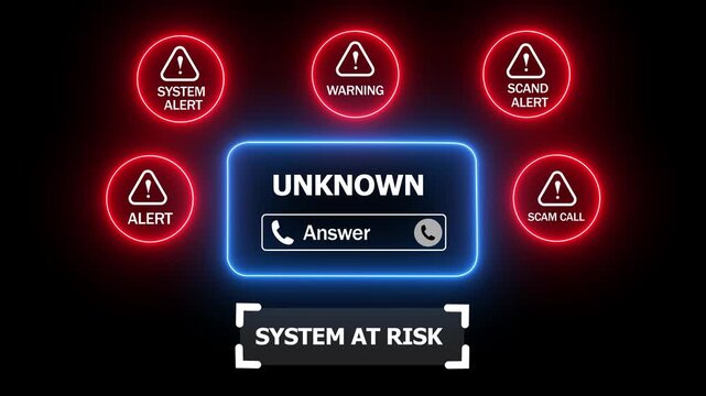 System at risk warning on an incoming call screen with alerts and unknown number system hacked scam alert on a black background 4k animation video