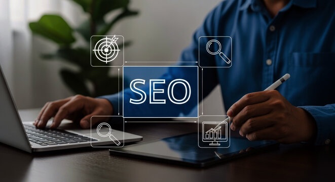 Man working on laptop with seo concept and digital icons