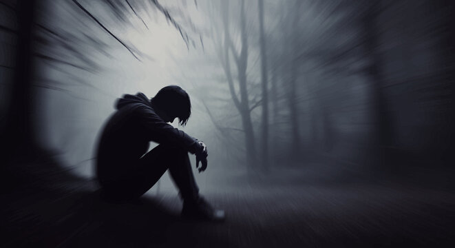Man Sitting Alone in Dark Forest.