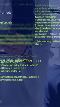 Vertical video: Woman scrolling phone by window, causing code overlay covering view for tech work