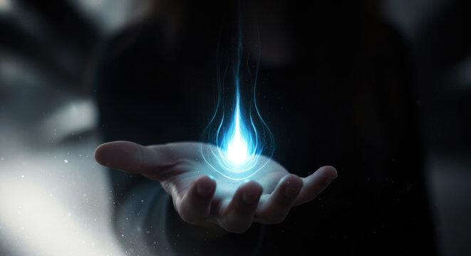 Mystic hand holding glowing blue energy