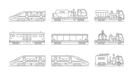 Trains: An illustrated collection of diverse trains showcases transportation technology and engineering. Ideal for illustrating railway infrastructure. © Murshida