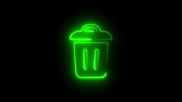 Green color neon delete bin symbol glowing animation on dark background. 4k Video 