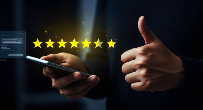 A person giving a five star review on their phone