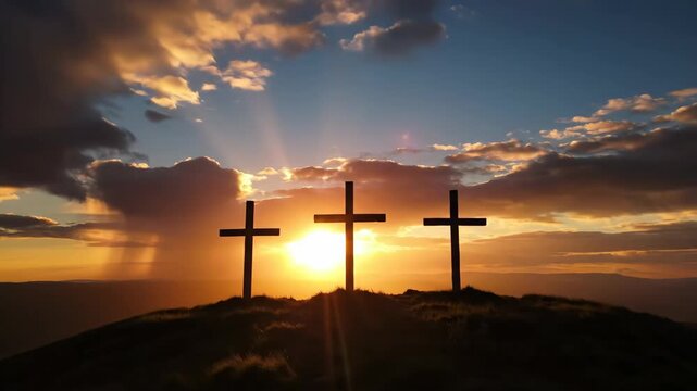 three wooden crosses on hill silhouette against dramatic sunset sky with sun rays. good friday and easter concept. crucifixion of jesus christ at golgotha. christian religious symbol.