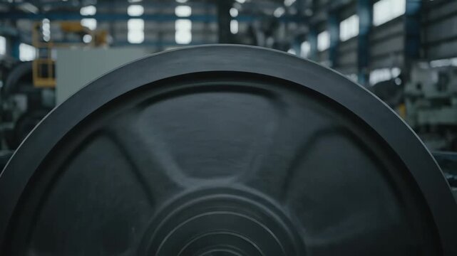 A large heavy industrial wheel spins continuously as part of a machine in a modern factory setting